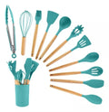 Kit 12 Utensílios de Cozinha em Silicone com Cabo de Madeira
